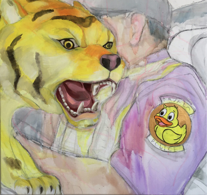 Rock, scissors, paper and a tiger, 80x85cm, acrylic on canvas