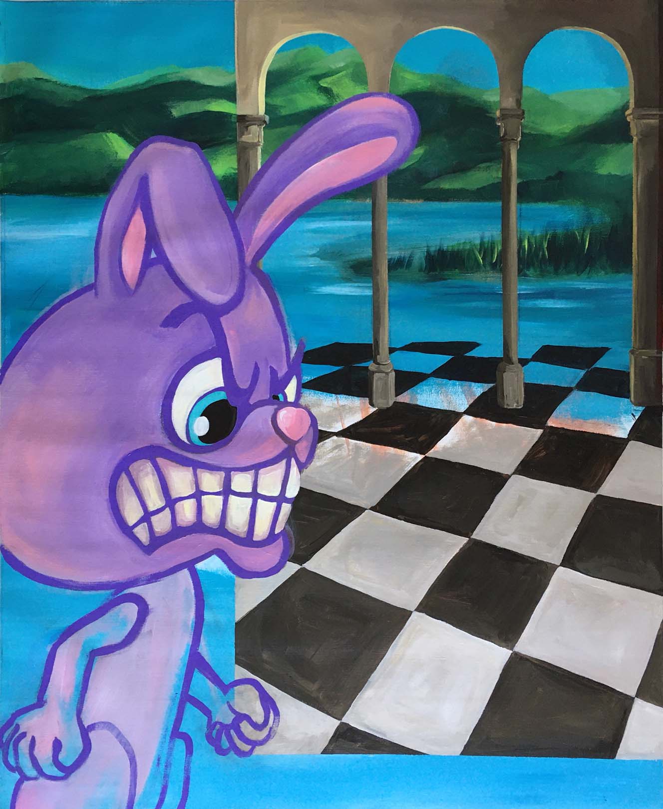 Tony the rabbit hates playing chess, acrylic on canvas