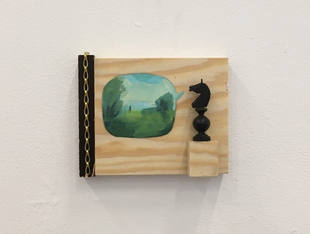 The horse that would rather be a cow, acrylic on assembly of wood and chain